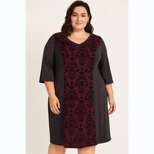 Catherines Women’s 1X Damask Baroque Ponte Dress Black Burgundy Office Evening